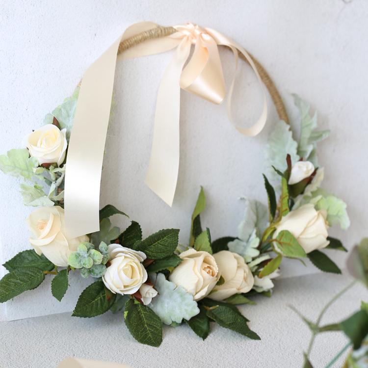 RusticReach Floral Hoop Artificial White Rose with Green Leaves 9" D