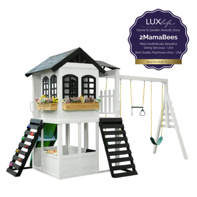 2MamaBees Reign Two Story Swing Set & Climber Black & White Farmhouse Style 3