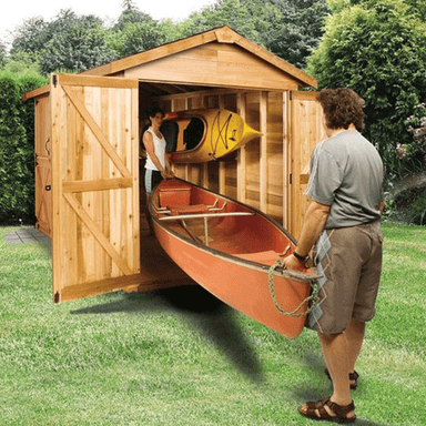 CedarShed Boathouse front view open with kayak