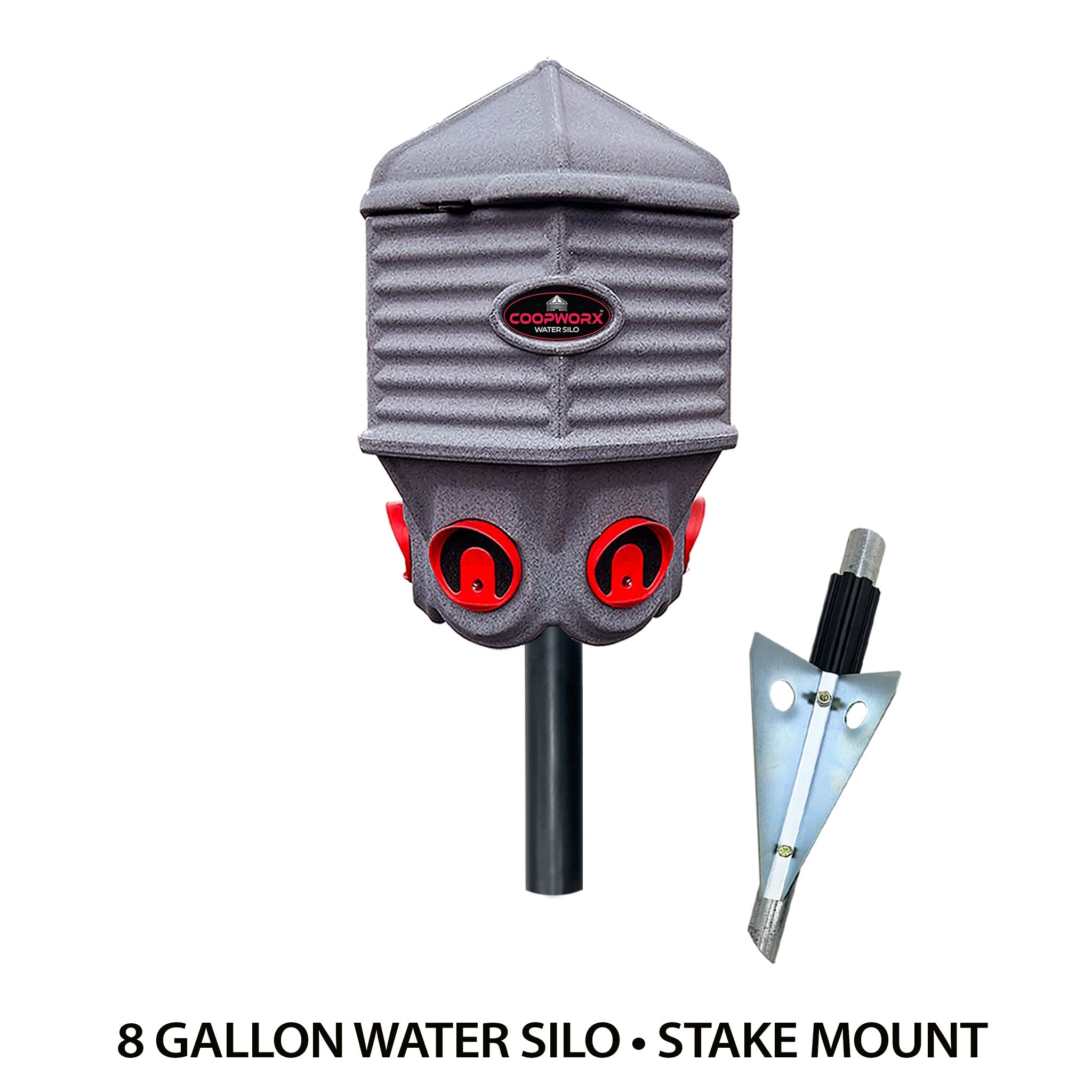 CoopWorx Water Silo 8 Gallons with Optional Base Styles & Auto Water Fill water silo with stake