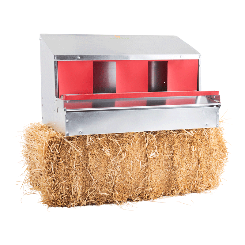 HenGear Nesting Box Medium Rollout & Reversible Design with dimensions on hay bail front