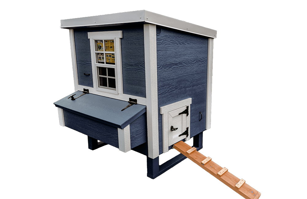 OverEZ Chicken Coop Medium Up to 10 Chickens blue front and chicken stairs
