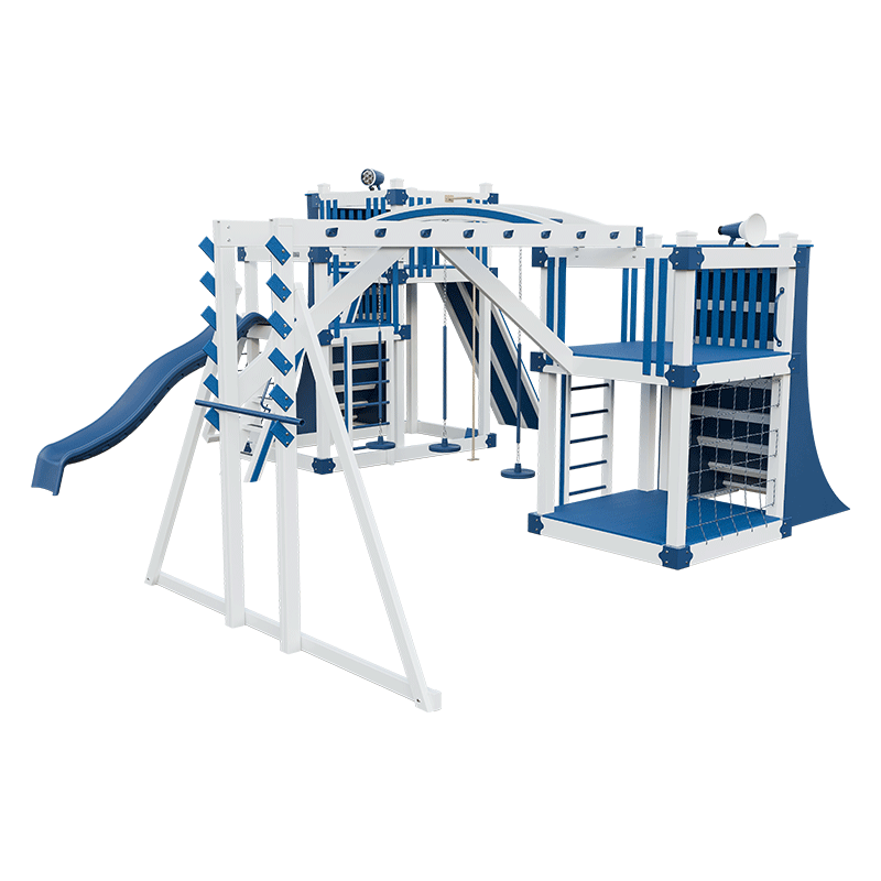 Swing Kingdom Play Set Adventurer Obstacle Course blue and white bars
