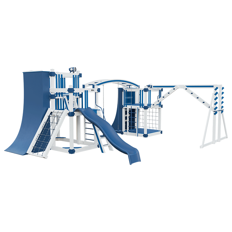 Swing Kingdom Play Set Adventurer Obstacle Course blue and white slide
