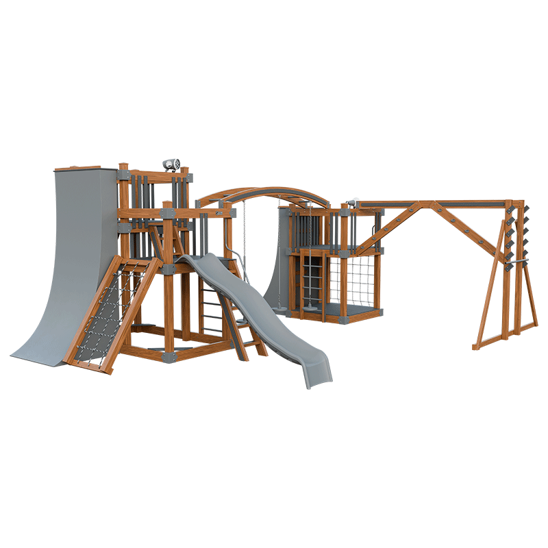 Swing Kingdom Play Set Adventurer Obstacle Course  gray and wood