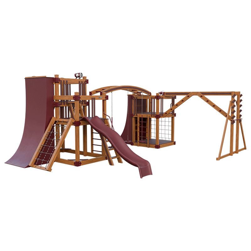 Swing Kingdom Play Set Adventurer Obstacle Course red and wood