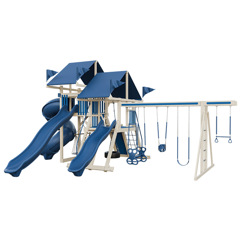 Swing Kingdom Play Set Mountaineer Mega Climber 55 blue and almond front