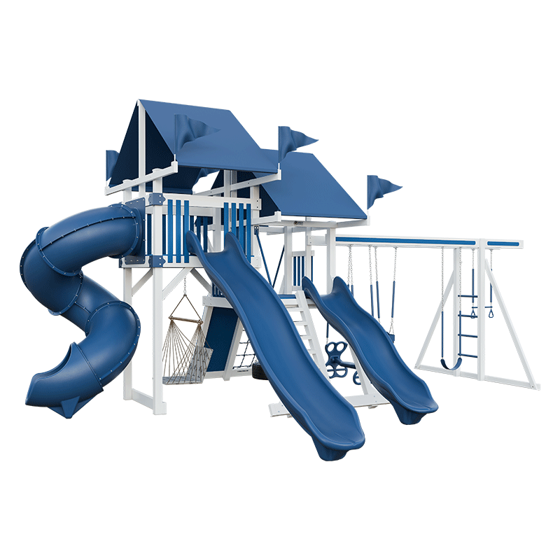 Swing Kingdom Play Set Mountaineer Mega Climber 55 blue and white 3 slides