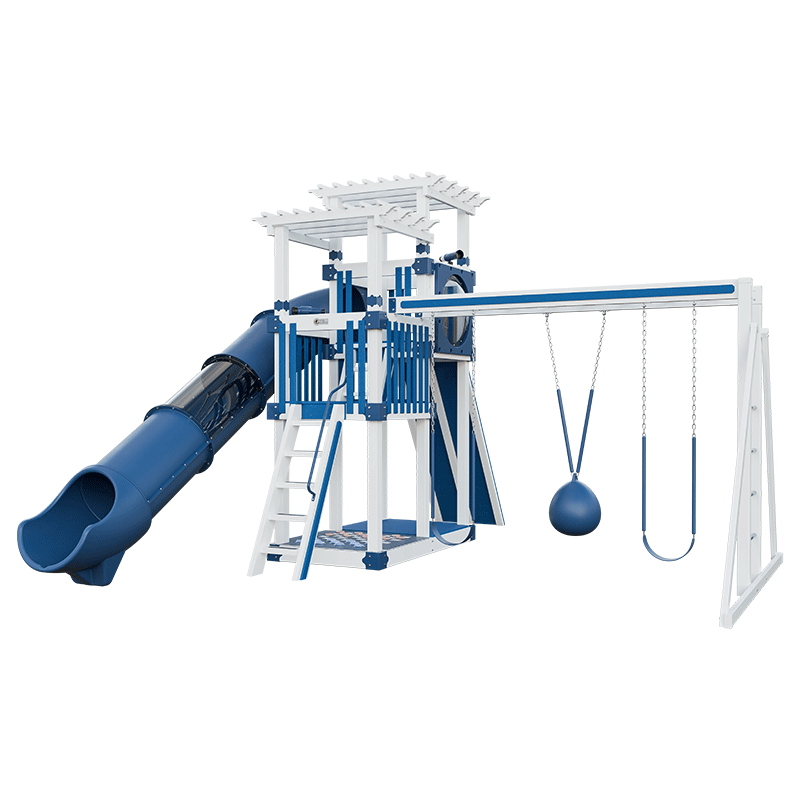 Swing Kingdom Play Set Switchback Super 48 Sidekick blue and white swings