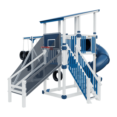 Swing Kingdom Play Set Switchback Super 59 Sports Tower blue and white
