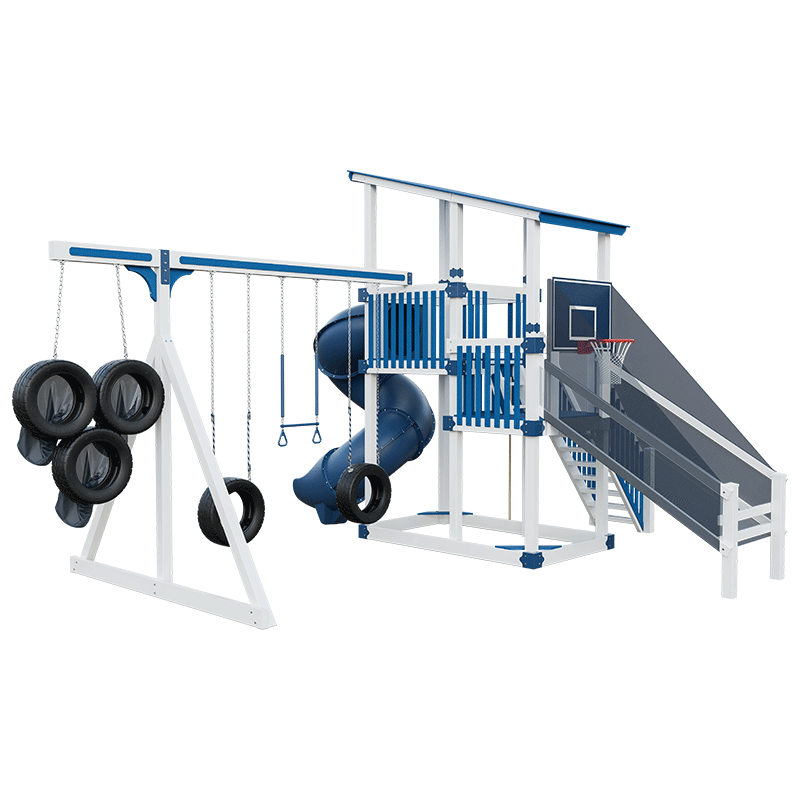 Swing Kingdom Play Set Switchback Super 59 Sports Tower blue and white swings