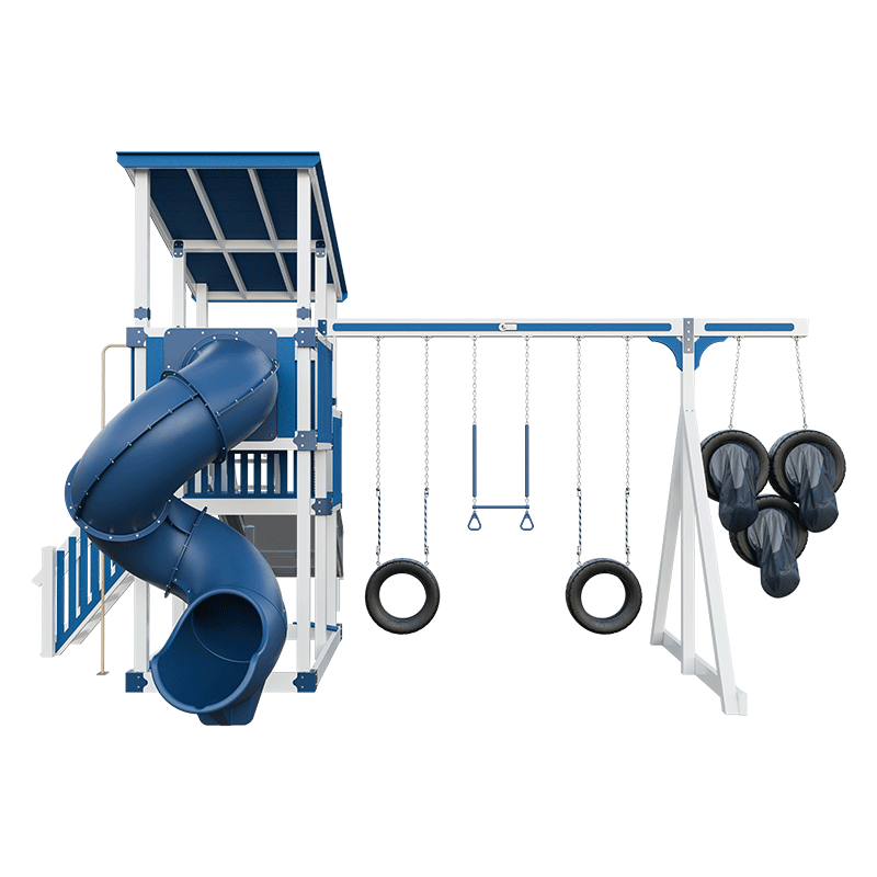 Swing Kingdom Play Set Switchback Super 59 Sports Tower blue and white swings and trapeze