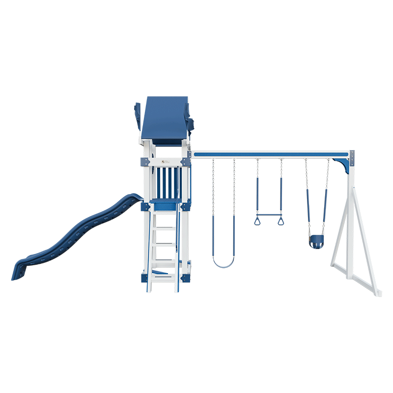 Swing Kingdom Play Set Trailblazer Basecamp 35 with Trapeze Bar blue white back