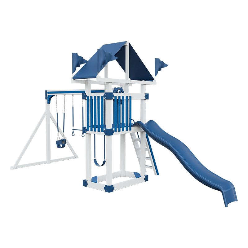 Swing Kingdom Play Set Trailblazer Basecamp 35 with Trapeze Bar blue white slide