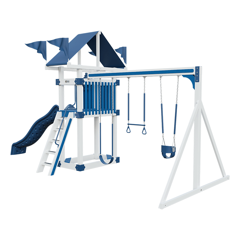 Swing Kingdom Play Set Trailblazer Basecamp 35 with Trapeze Bar blue white swings