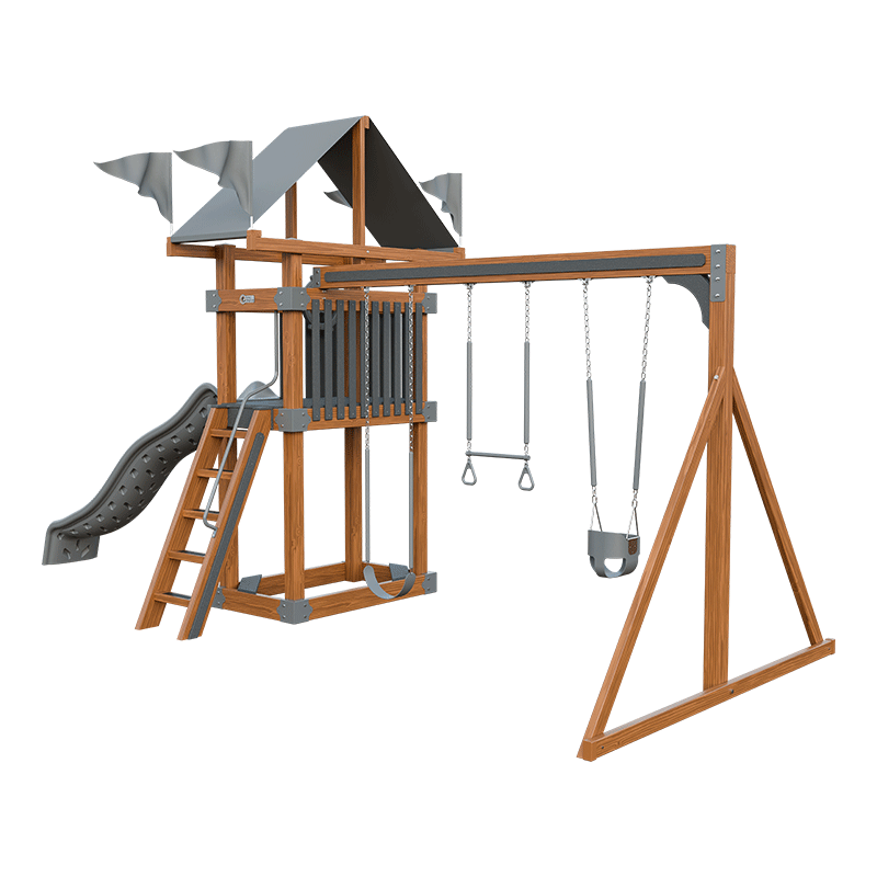 Swing Kingdom Play Set Trailblazer Basecamp 35 with Trapeze Bar gray wood