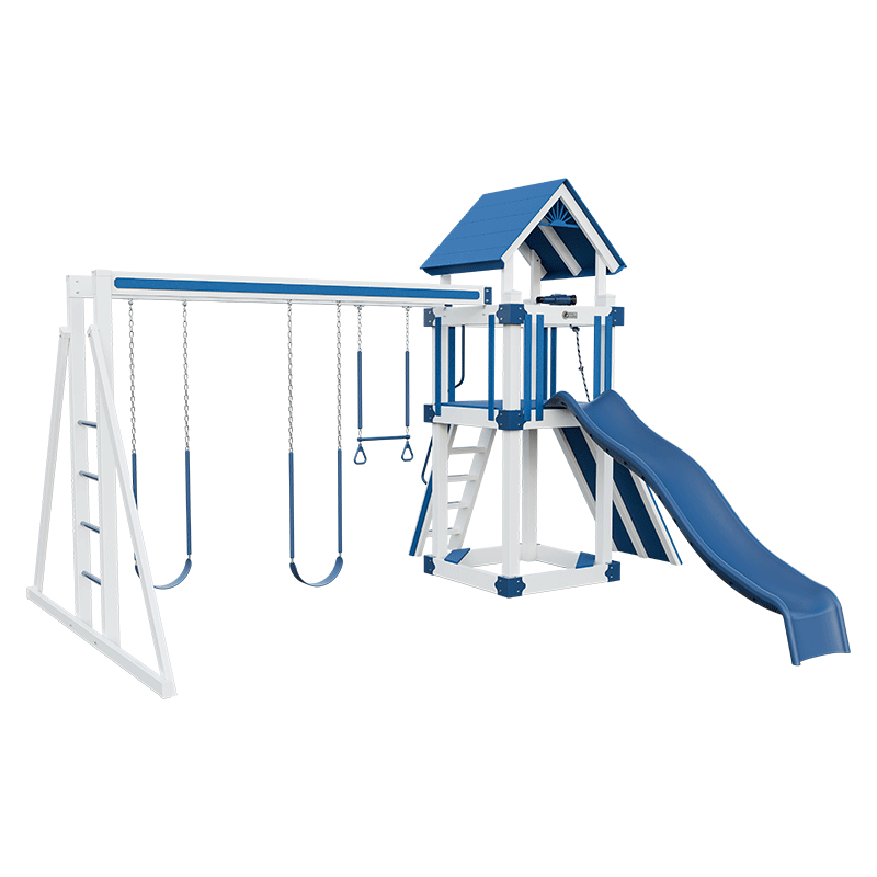 Swing Kingdom Play Set Trailblazer Basecamp 44 blue and white swings