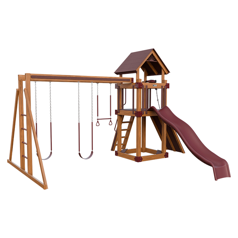 Swing Kingdom Play Set Trailblazer Basecamp 44 maroon and wood
