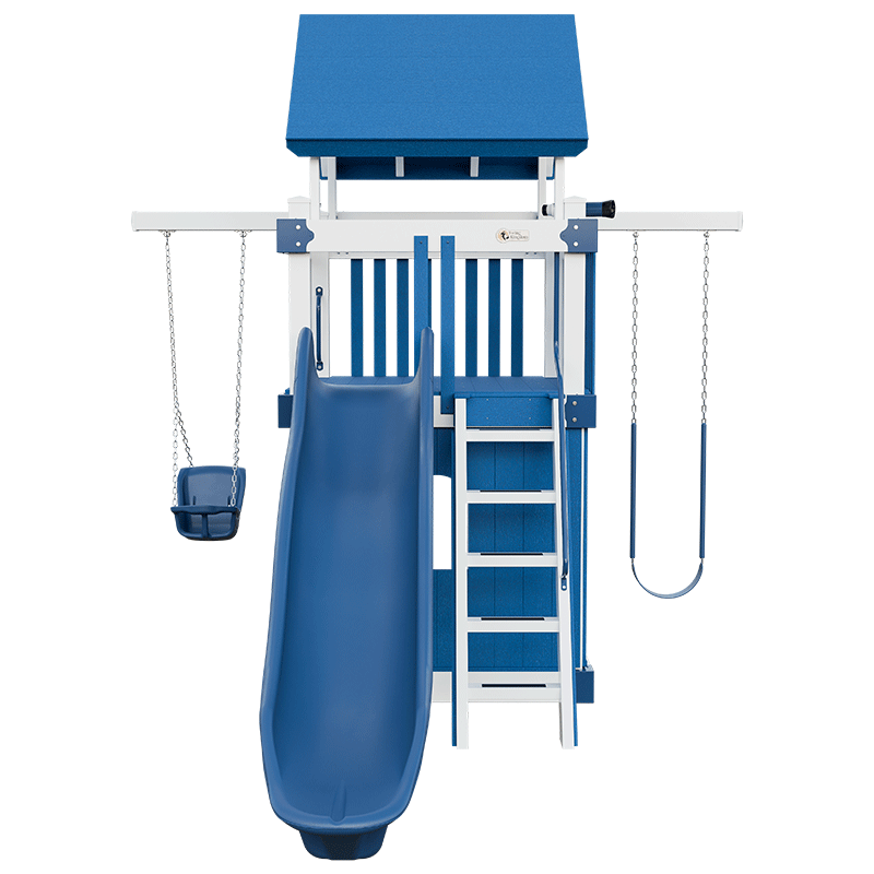 Swing Kingdom Play Set Trailblazer Basecamp 55 Clubhouse blue and white slide