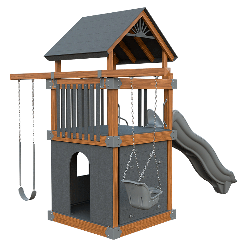 Swing Kingdom Play Set Trailblazer Basecamp 55 Clubhouse gray and wood