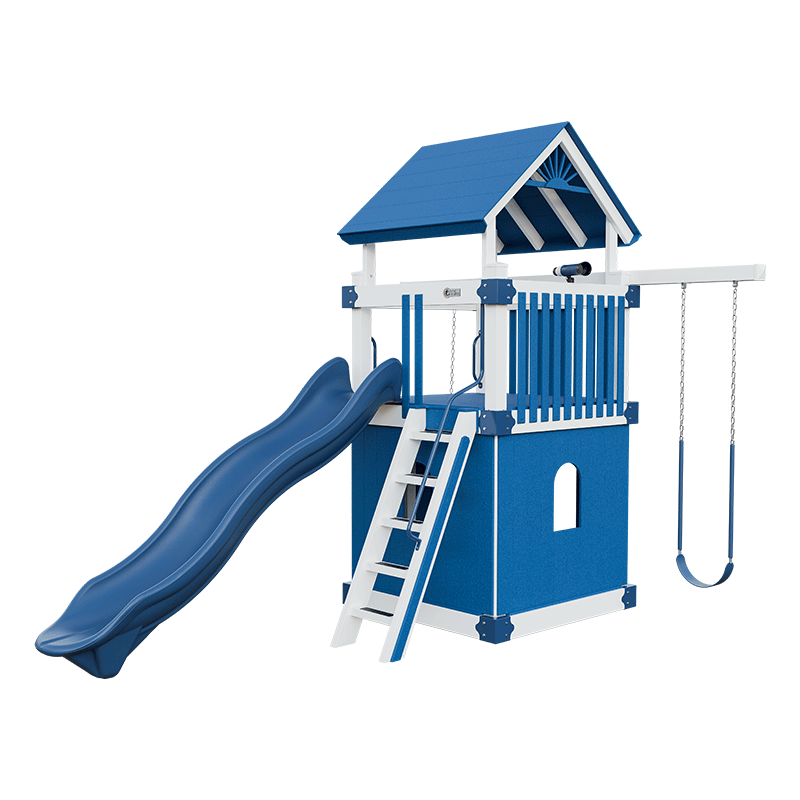 Swing Kingdom Play Set Trailblazer Basecamp 55 Clubhouse white and blue ladder
