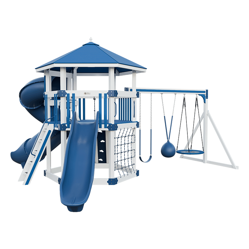 Swing Kingdom Play Set Trailblazer Basecamp 77 Honeycomb blue and white front
