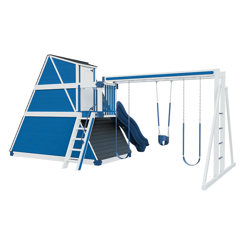 Swing Kingdom Playhouse Series Alpine Retreat blue and white swings back