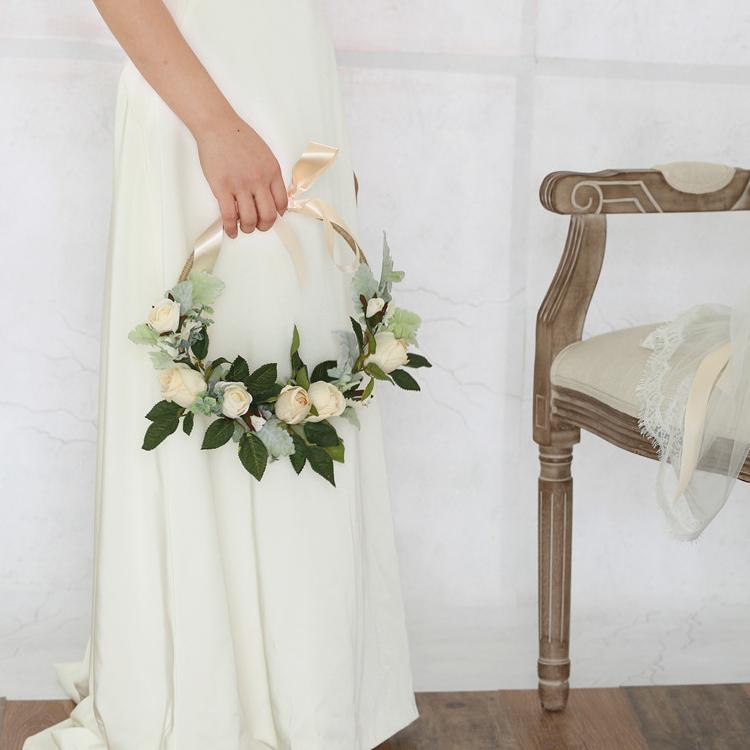 RusticReach Floral Hoop Artificial White Rose with Green Leaves 9" D