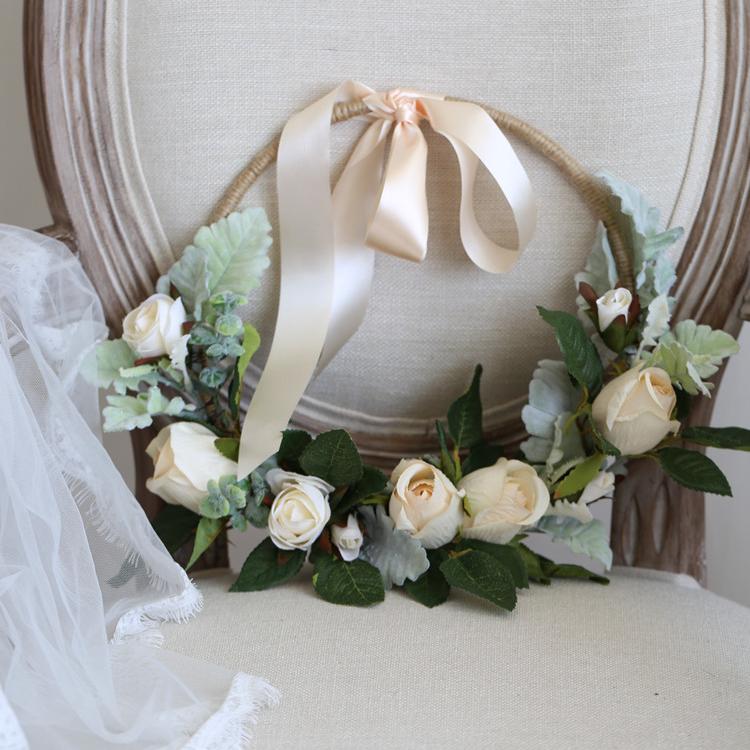 RusticReach Floral Hoop Artificial White Rose with Green Leaves 9" D