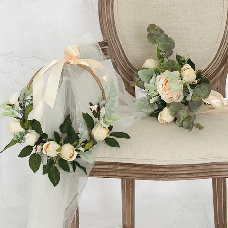 RusticReach Floral Hoop Artificial White Rose with Green Leaves 9" D