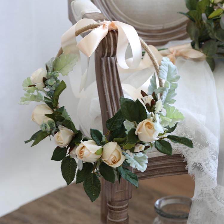 RusticReach Floral Hoop Artificial White Rose with Green Leaves 9" D