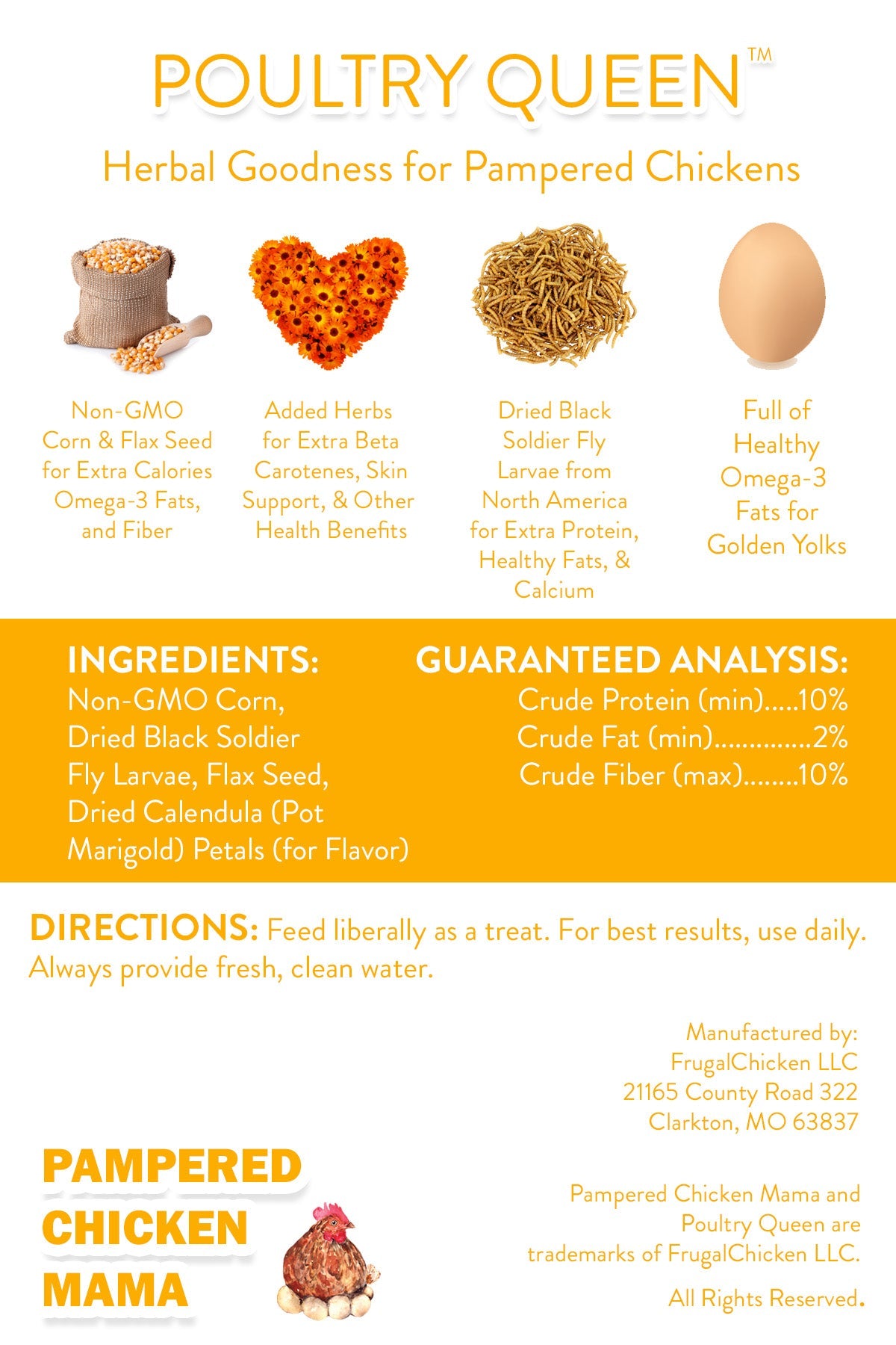 Pampered Chicken Mama Poultry Queen Mealworm, Non-GMO Corn, Non-GMO Flax, & Herb Treat For Pet Chickens