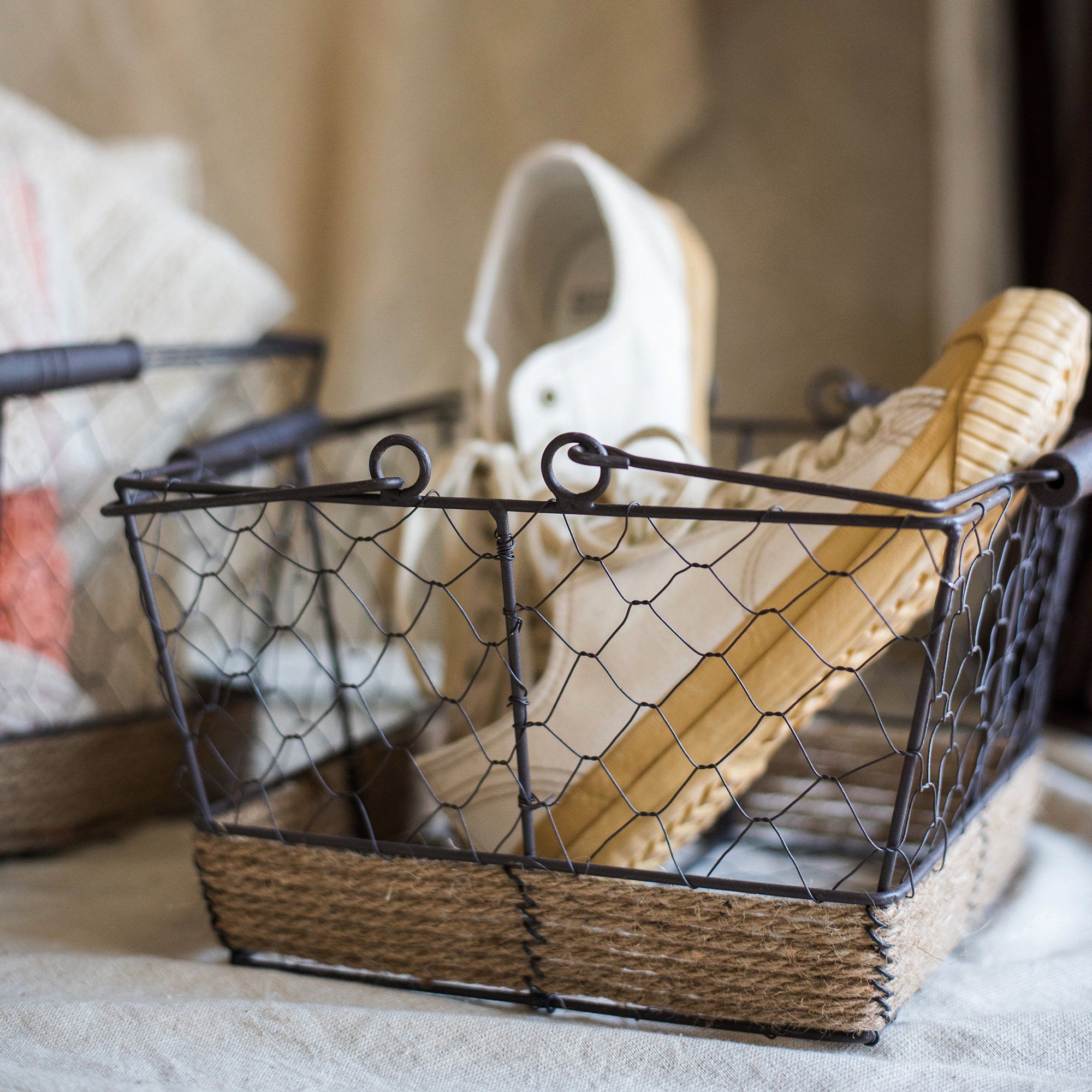 RusticReach Egg Carrying Basket - Wire With Hemp Rope Bottom Rectangular