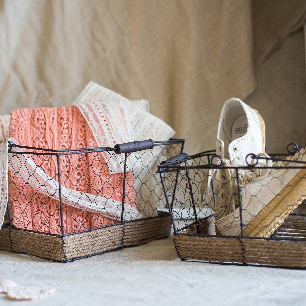 RusticReach Egg Carrying Basket - Wire With Hemp Rope Bottom Rectangular